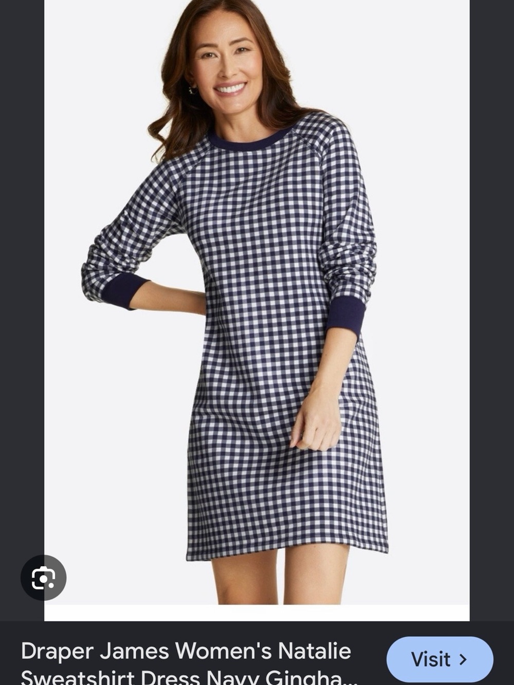 Draper James Navy Gingham Mini Sweatshirt Dress with Rib Trim